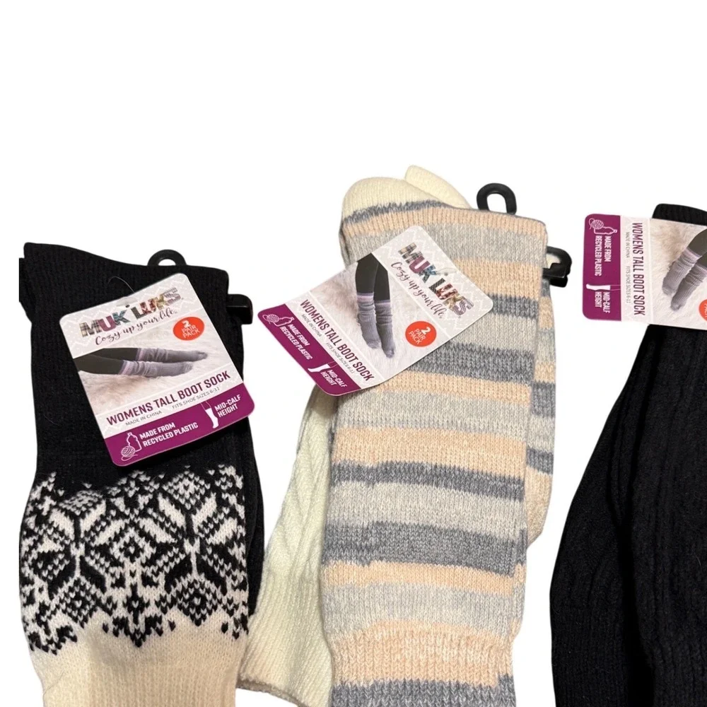 Muk Luks Womens Tall Boot Socks 2 PairPack Fair Isle Striped Black Mid-Calf New